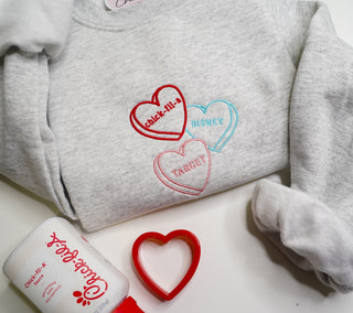 CUSTOMIZABLE Three Candy Heart Embroidered Crewneck/Hoodie